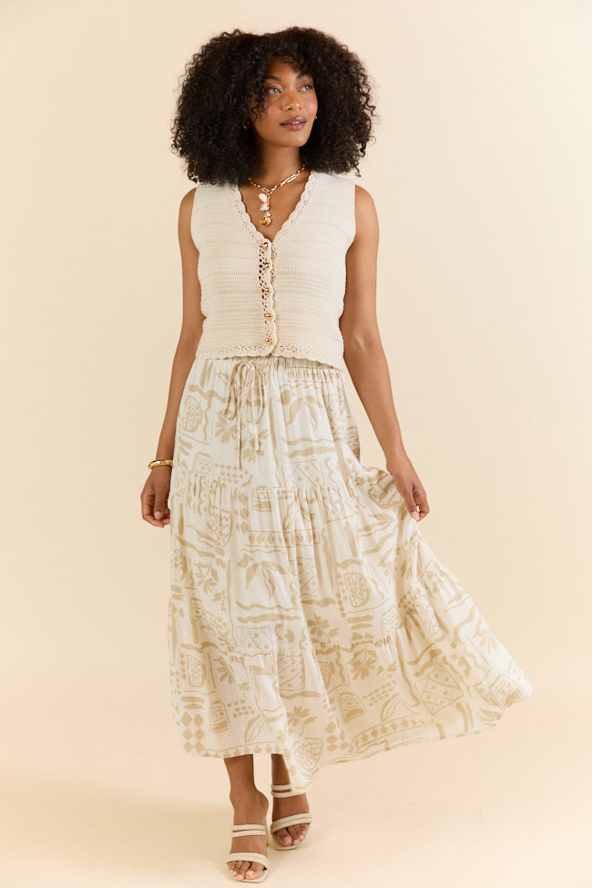 First Stop Ivory and Beige Icon Printed Midi Skirt FINAL SALE-Sunny Prom