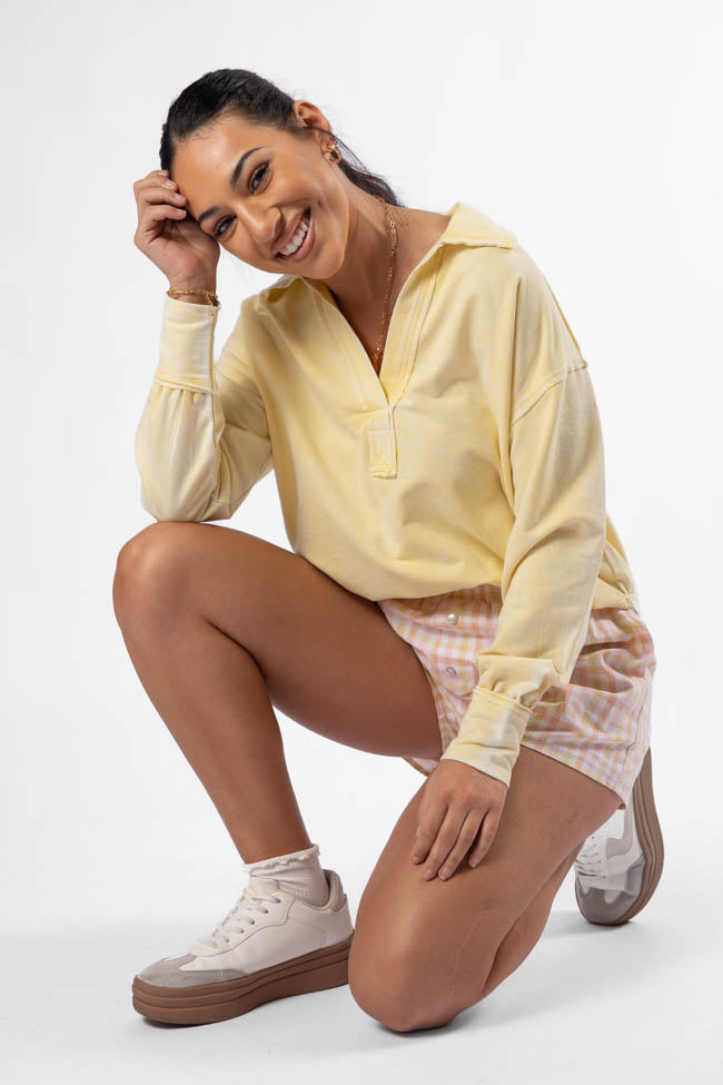 Take A Chance Yellow Acid Wash Knit Collared Long Sleeve Tee FINAL SALE-Sunny Prom