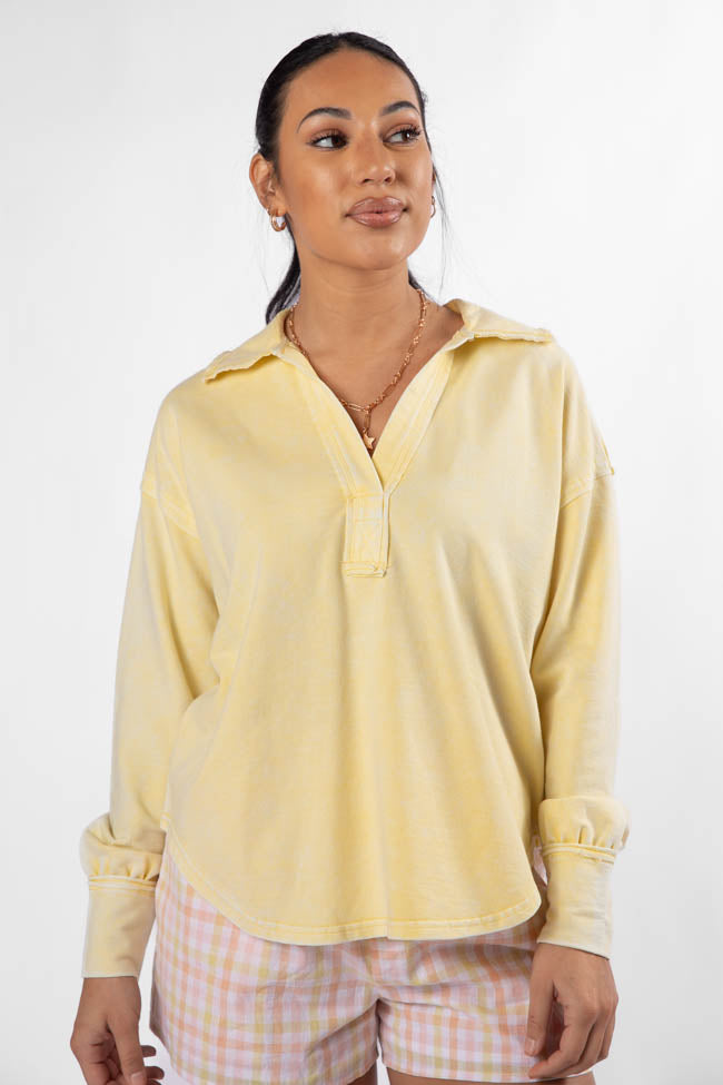 Take A Chance Yellow Acid Wash Knit Collared Long Sleeve Tee FINAL SALE-Sunny Prom
