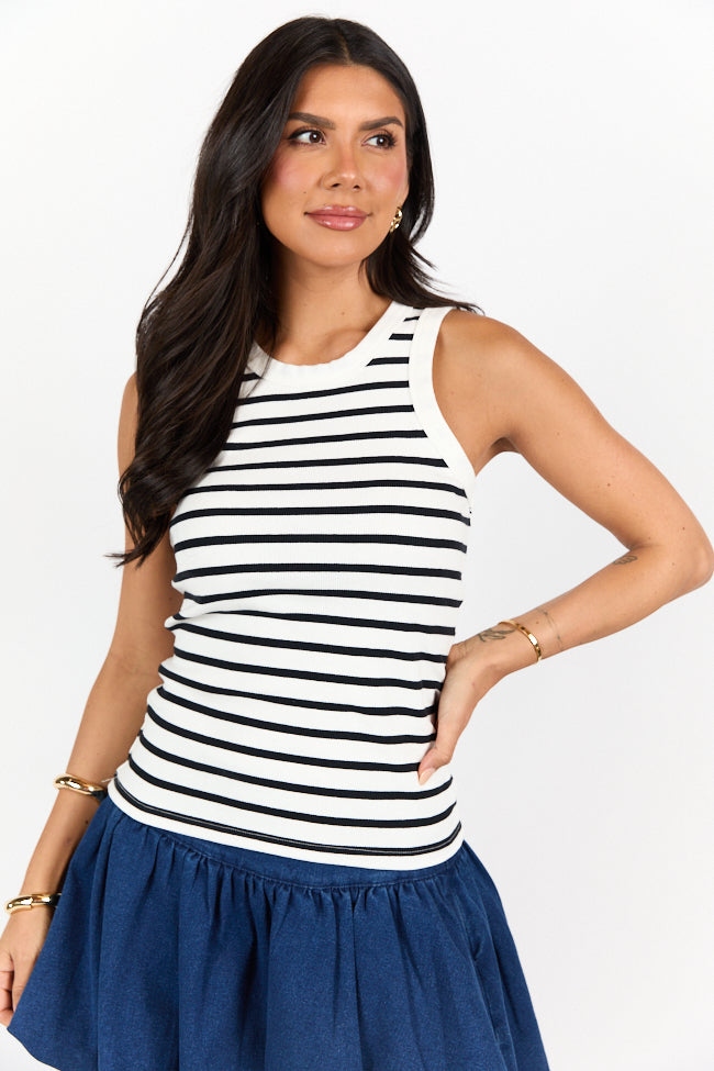 Simple Ivory and Black Ribbed Knit Stripe Tank SALE-Sunny Prom