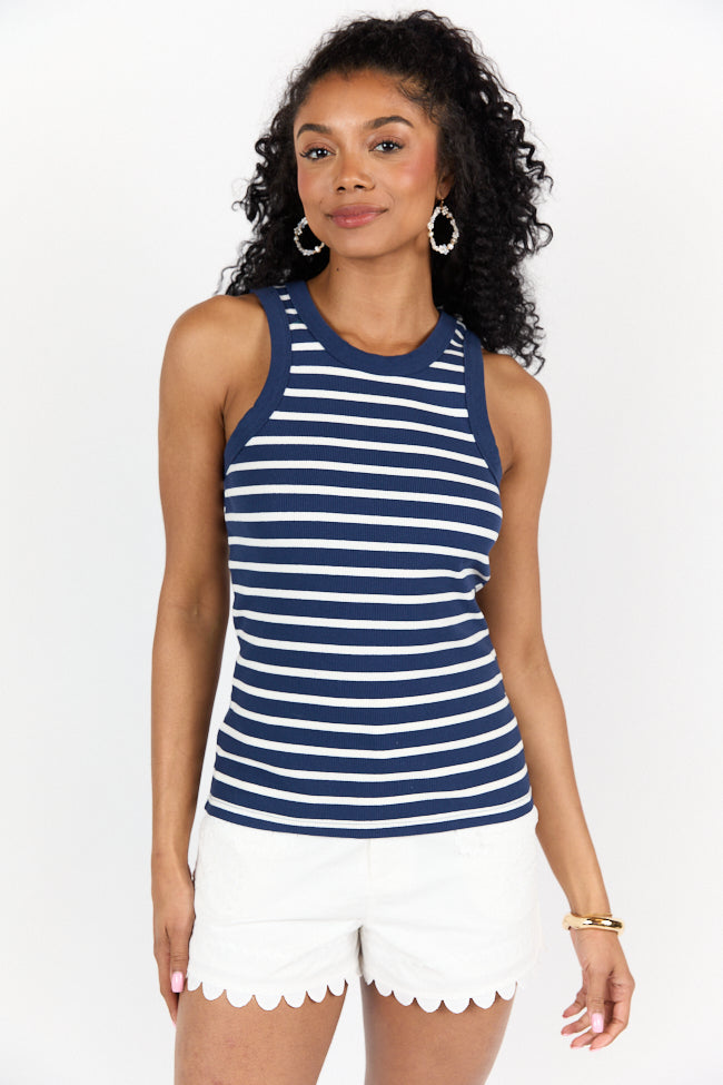 Simple Navy Ribbed Knit Stripe Tank SALE-Sunny Prom