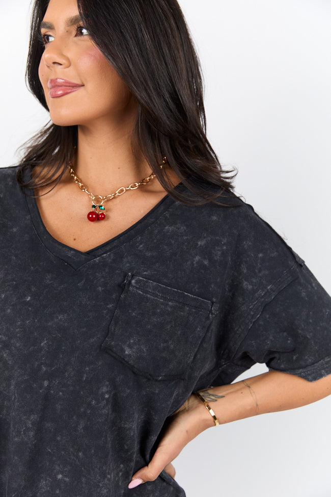 When We Meet Black Oversized Acid Wash V-Neck Tee-Sunny Prom