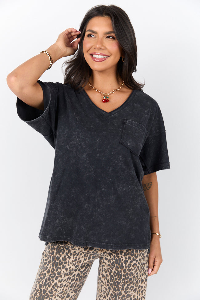 When We Meet Black Oversized Acid Wash V-Neck Tee-Sunny Prom