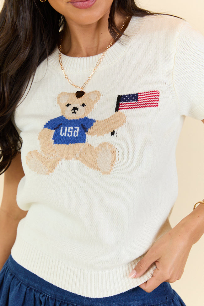 Made For Celebratin' Ivory Americana Short Sleeve Bear Sweater FINAL SALE-Sunny Prom