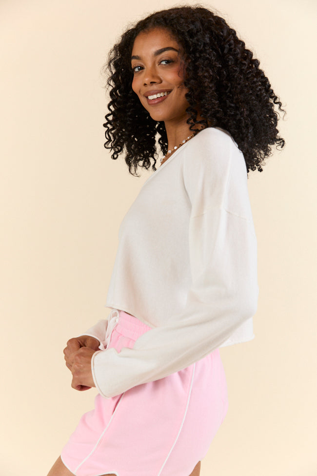 No Bad Days White Drop Shoulder V-Neck Pullover-Sunny Prom
