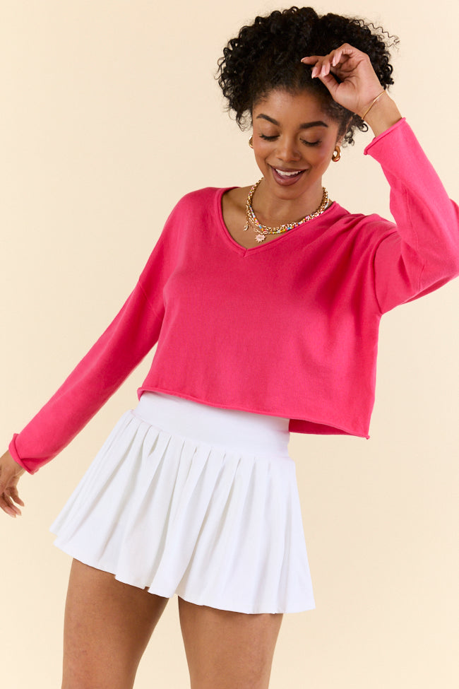 No Bad Days Hot Pink Drop Shoulder V-Neck Pullover SALE-Sunny Prom