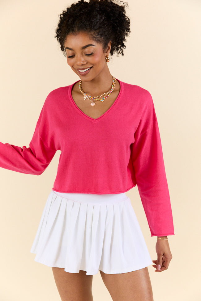 No Bad Days Hot Pink Drop Shoulder V-Neck Pullover SALE-Sunny Prom