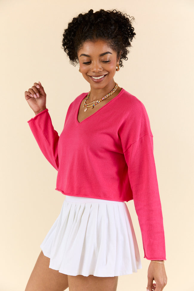 No Bad Days Hot Pink Drop Shoulder V-Neck Pullover SALE-Sunny Prom