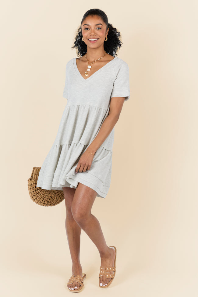Planning Ahead Heather Grey Short Sleeve Waffle V-neck Dress FINAL SALE-Sunny Prom