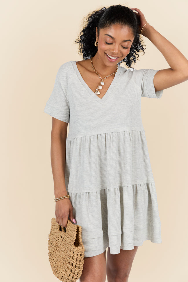 Planning Ahead Heather Grey Short Sleeve Waffle V-neck Dress FINAL SALE-Sunny Prom