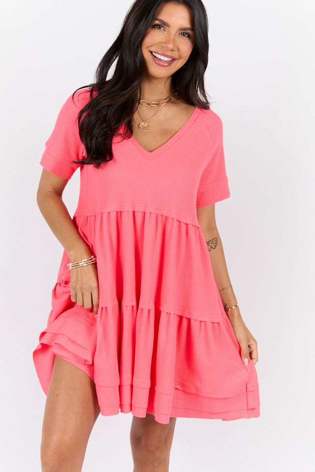 Planning Ahead Coral Waffle Knit Short Sleeve V-neck Dress SALE-Sunny Prom