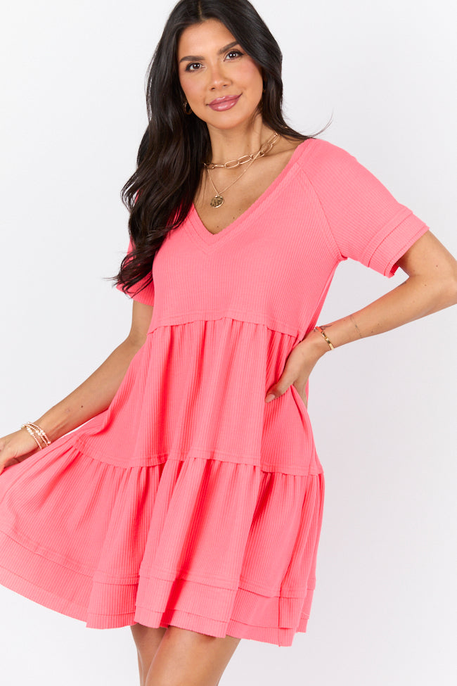 Planning Ahead Coral Waffle Knit Short Sleeve V-neck Dress SALE-Sunny Prom