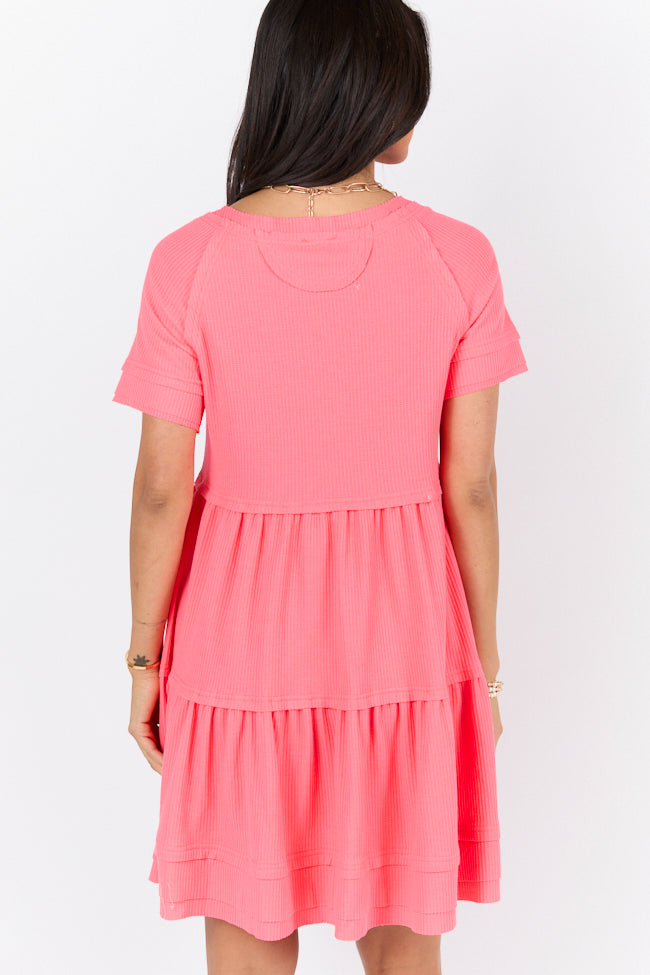 Planning Ahead Coral Waffle Knit Short Sleeve V-neck Dress SALE-Sunny Prom