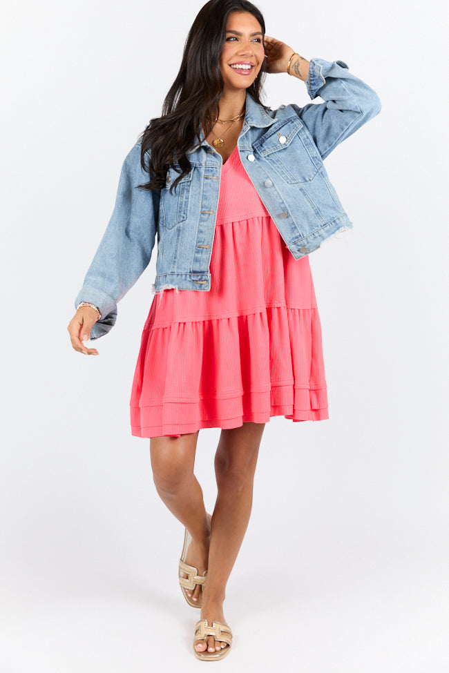 Planning Ahead Coral Waffle Knit Short Sleeve V-neck Dress SALE-Sunny Prom