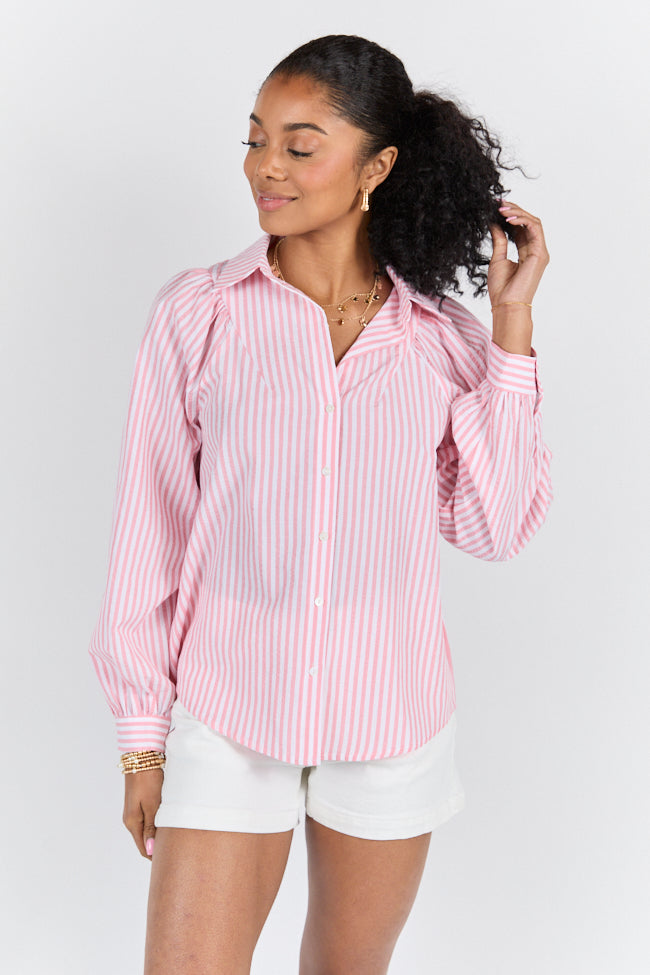 Here Lately Pink Striped Button Down Top FINAL SALE-Sunny Prom