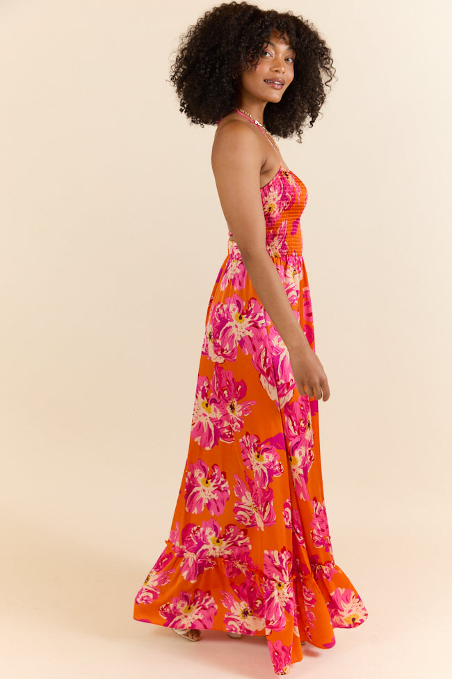 Pick Of The Summer Orange Printed Smocked Halter Maxi Dress-Sunny Prom