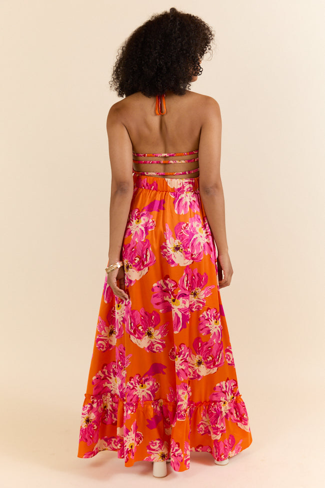 Pick Of The Summer Orange Printed Smocked Halter Maxi Dress-Sunny Prom