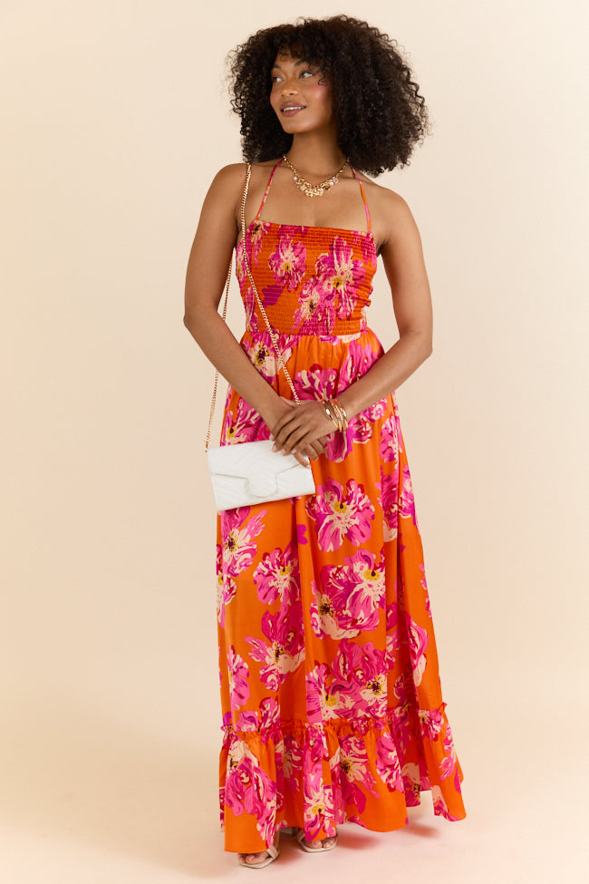 Pick Of The Summer Orange Printed Smocked Halter Maxi Dress-Sunny Prom