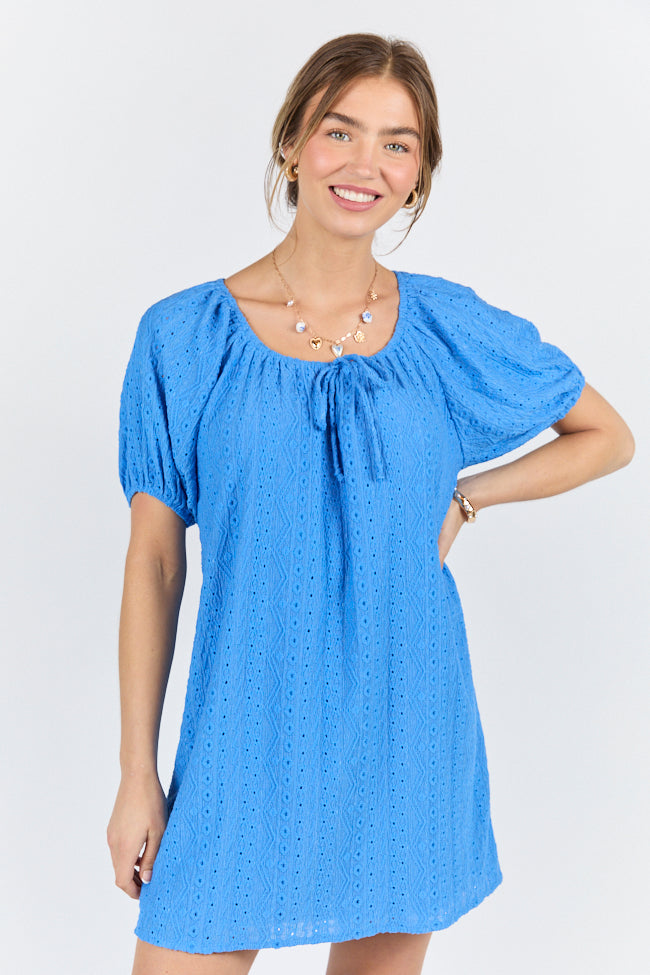 On A Whim Blue Knit Eyelet Short Sleeve Dress FINAL SALE-Sunny Prom