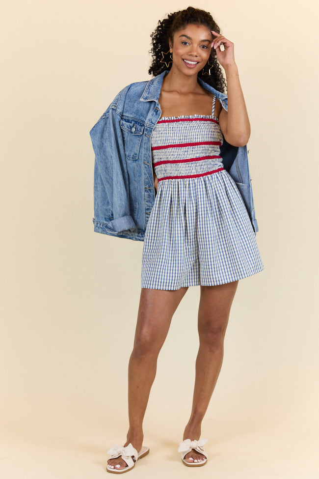 Simple Joy Smocked Seersucker Blue Plaid Romper FINAL SALE-Sunny Prom