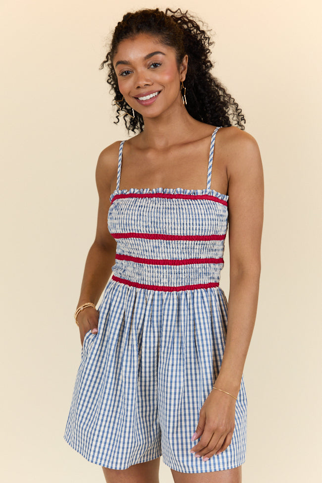 Simple Joy Smocked Seersucker Blue Plaid Romper FINAL SALE-Sunny Prom