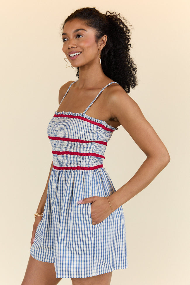 Simple Joy Smocked Seersucker Blue Plaid Romper FINAL SALE-Sunny Prom