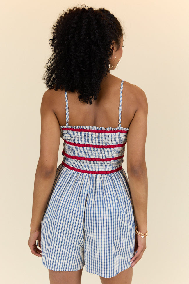 Simple Joy Smocked Seersucker Blue Plaid Romper FINAL SALE-Sunny Prom