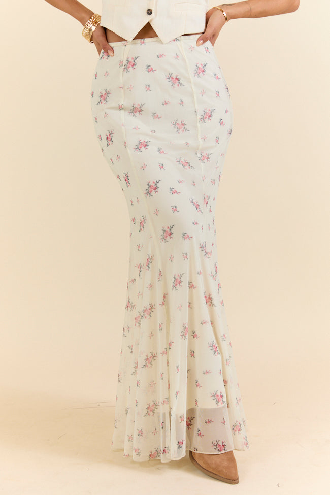 Floral Echo Ivory and Pink Knit Maxi Skirt-Sunny Prom