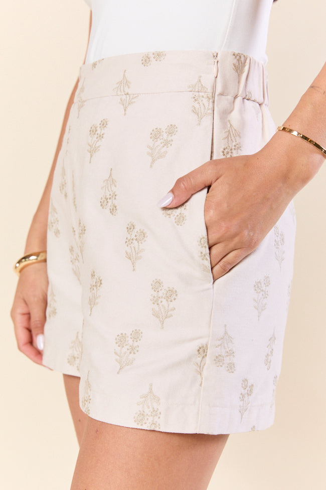 Iconic Ivory and Taupe Floral Embroidered Shorts FINAL SALE-Sunny Prom