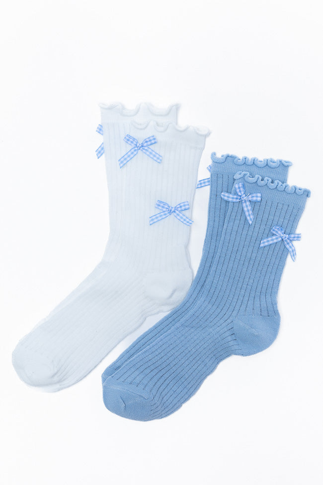 White and Blue Gingham Bow Sock Set SALE-Sunny Prom