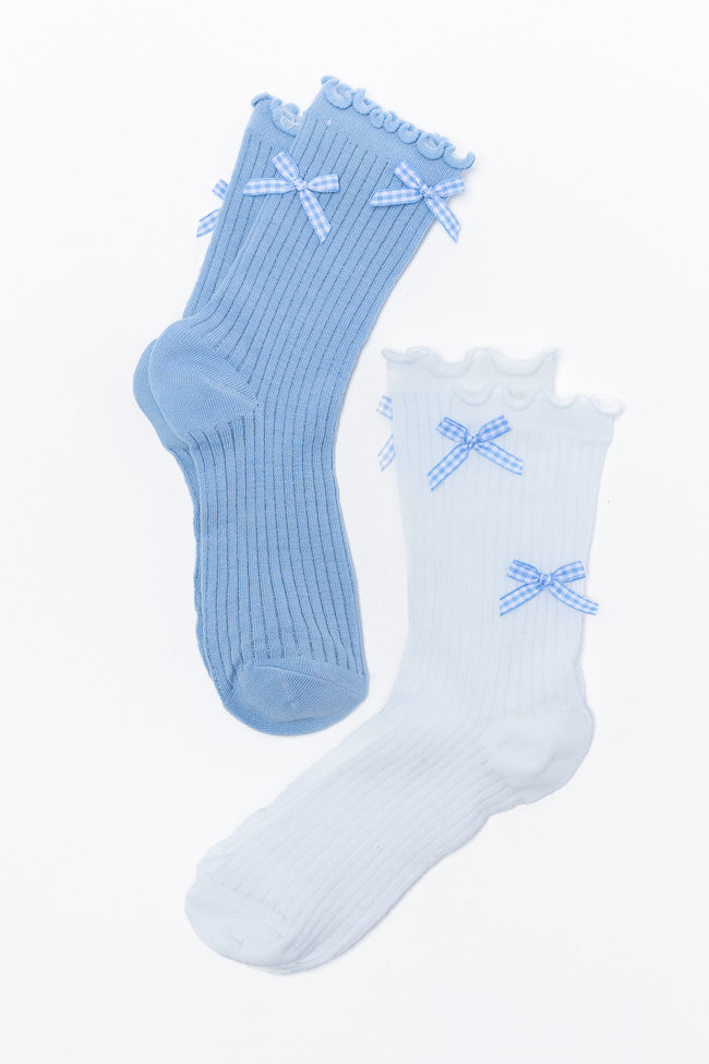 White and Blue Gingham Bow Sock Set SALE-Sunny Prom