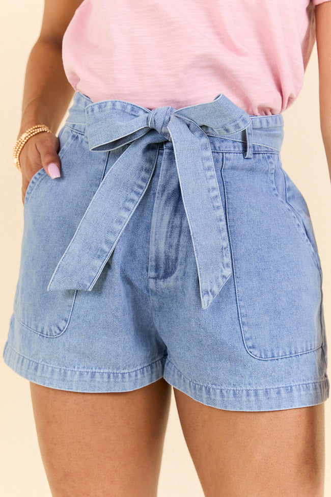 Wherever You Are Light Wash Belted Denim Shorts SALE-Sunny Prom