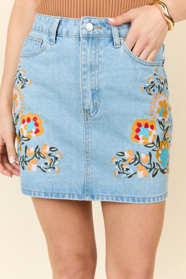 Garden Of Grace Floral Embroidered Denim Skirt FINAL SALE-Sunny Prom