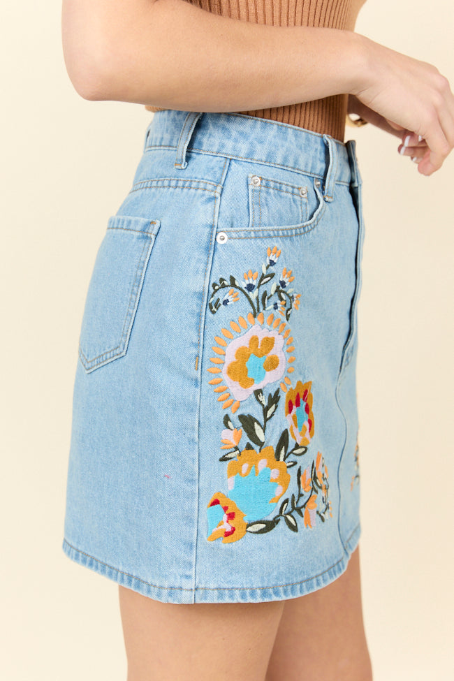 Garden Of Grace Floral Embroidered Denim Skirt FINAL SALE-Sunny Prom