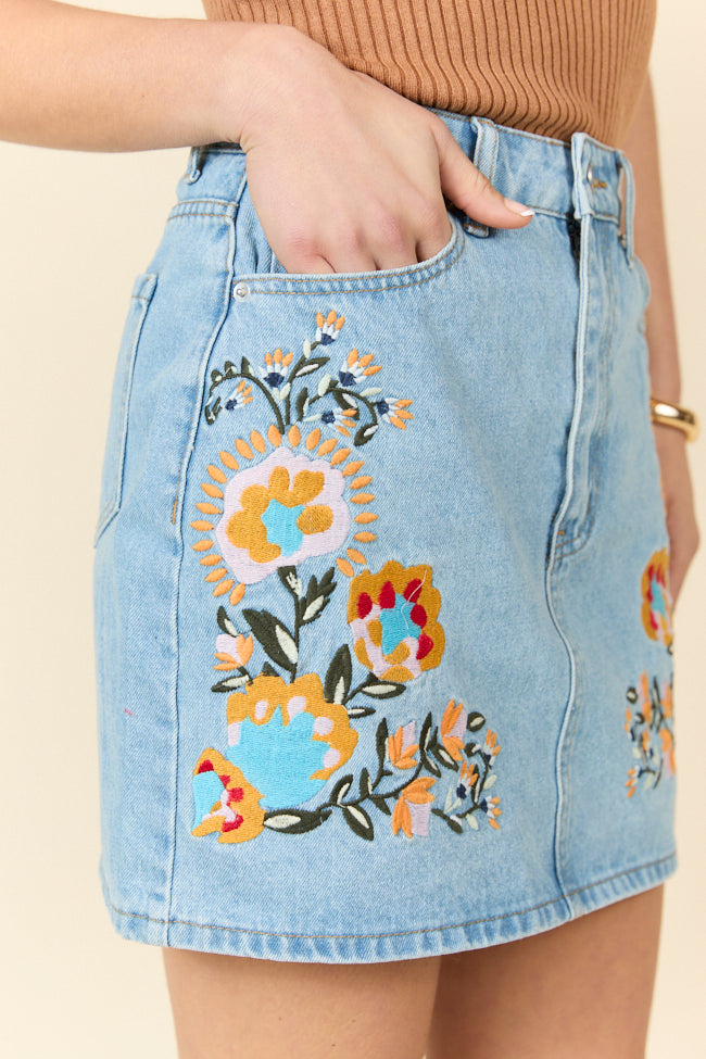 Garden Of Grace Floral Embroidered Denim Skirt FINAL SALE-Sunny Prom