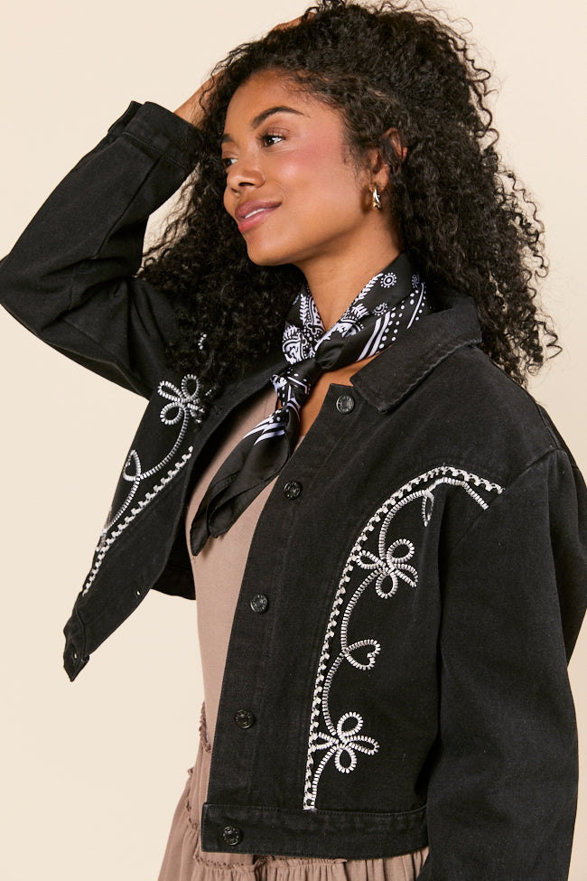 Danielle Black Embroidered Denim Jacket-Sunny Prom