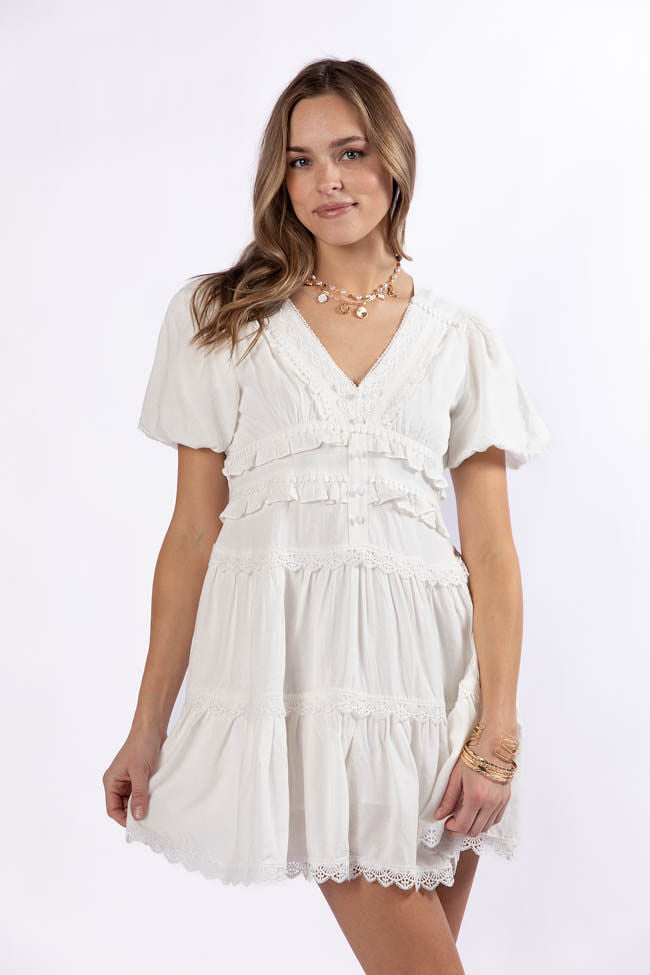 Enjoying Life White Ruffle Trim Mini Dress FINAL SALE-Sunny Prom