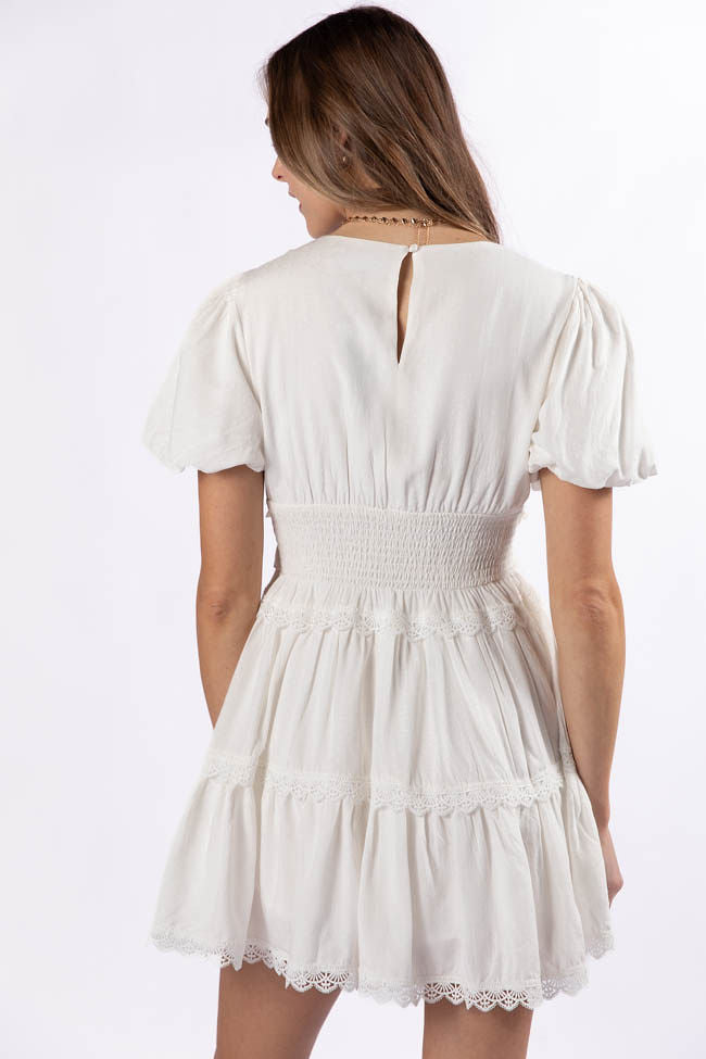 Enjoying Life White Ruffle Trim Mini Dress FINAL SALE-Sunny Prom