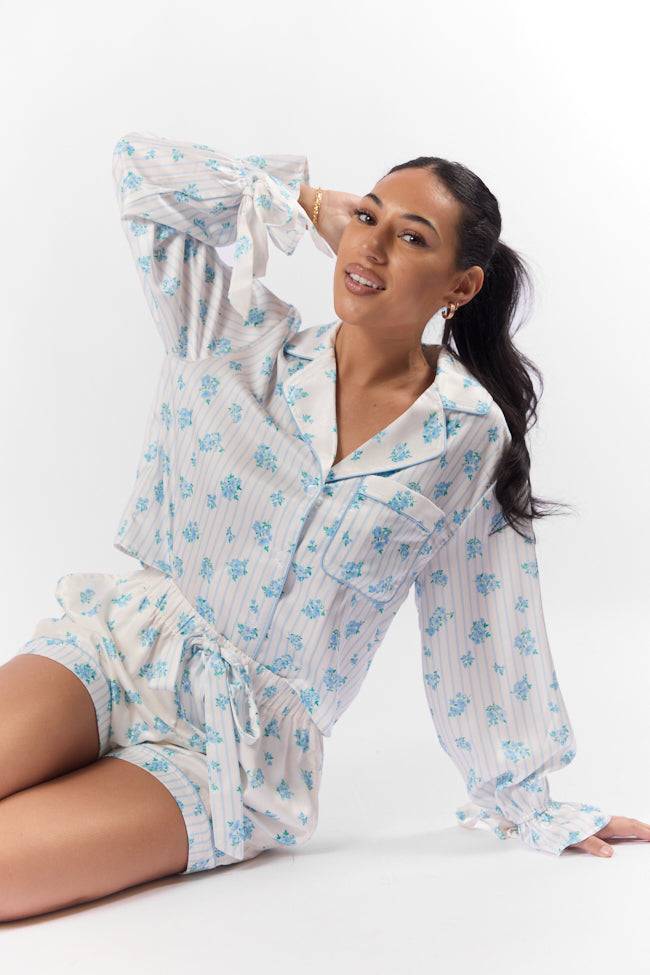 Sleep On My Side Blue Floral Satin Long Sleeve Pajama Top FINAL SALE-Sunny Prom