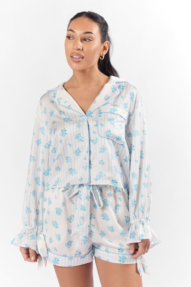 Sleep On My Side Blue Floral Satin Long Sleeve Pajama Top FINAL SALE-Sunny Prom