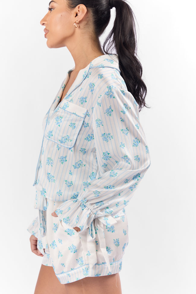 Sleep On My Side Blue Floral Satin Long Sleeve Pajama Top FINAL SALE-Sunny Prom