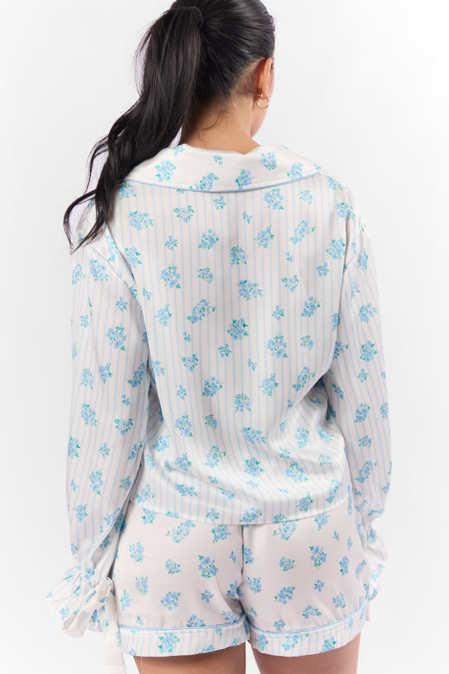 Sleep On My Side Blue Floral Satin Long Sleeve Pajama Top FINAL SALE-Sunny Prom