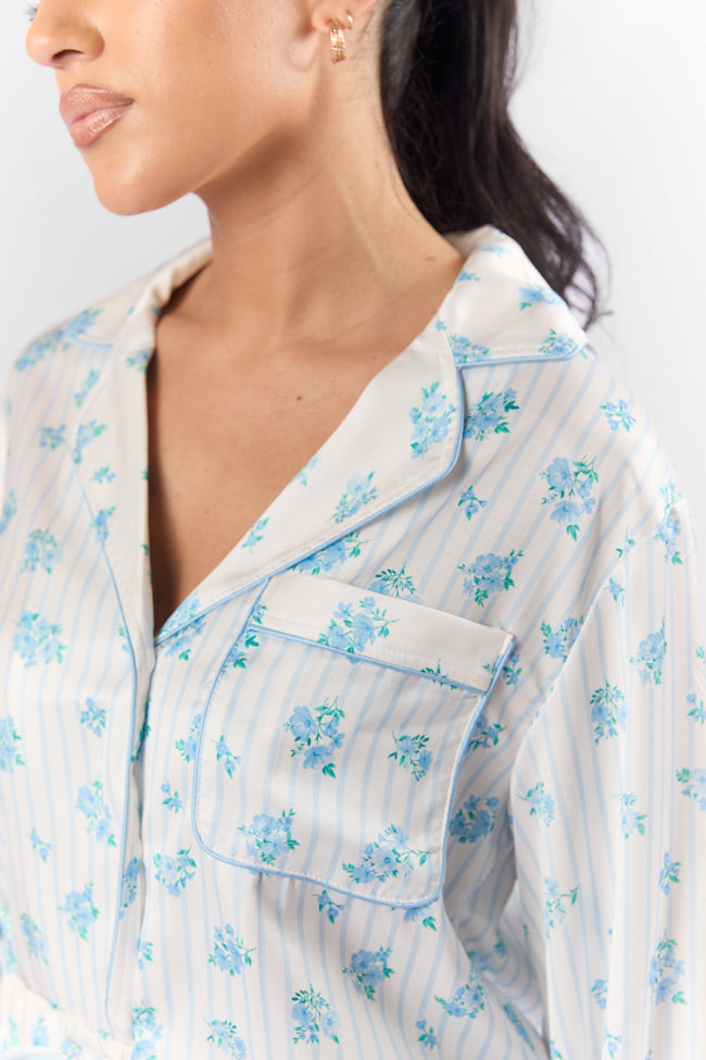 Sleep On My Side Blue Floral Satin Long Sleeve Pajama Top FINAL SALE-Sunny Prom