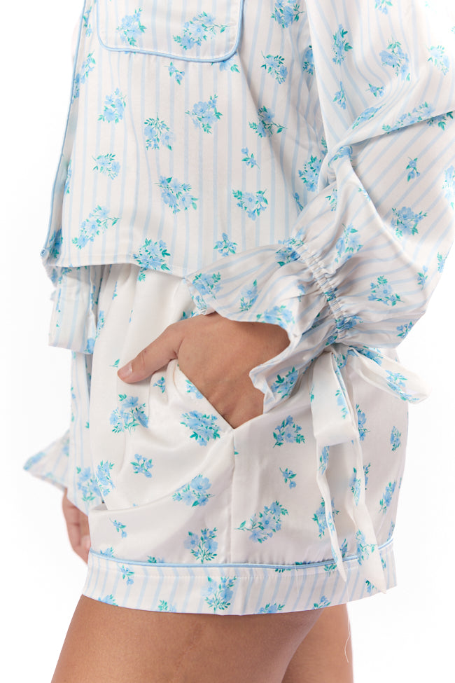 Sleep On My Side Blue Floral Satin Pajama Shorts FINAL SALE-Sunny Prom