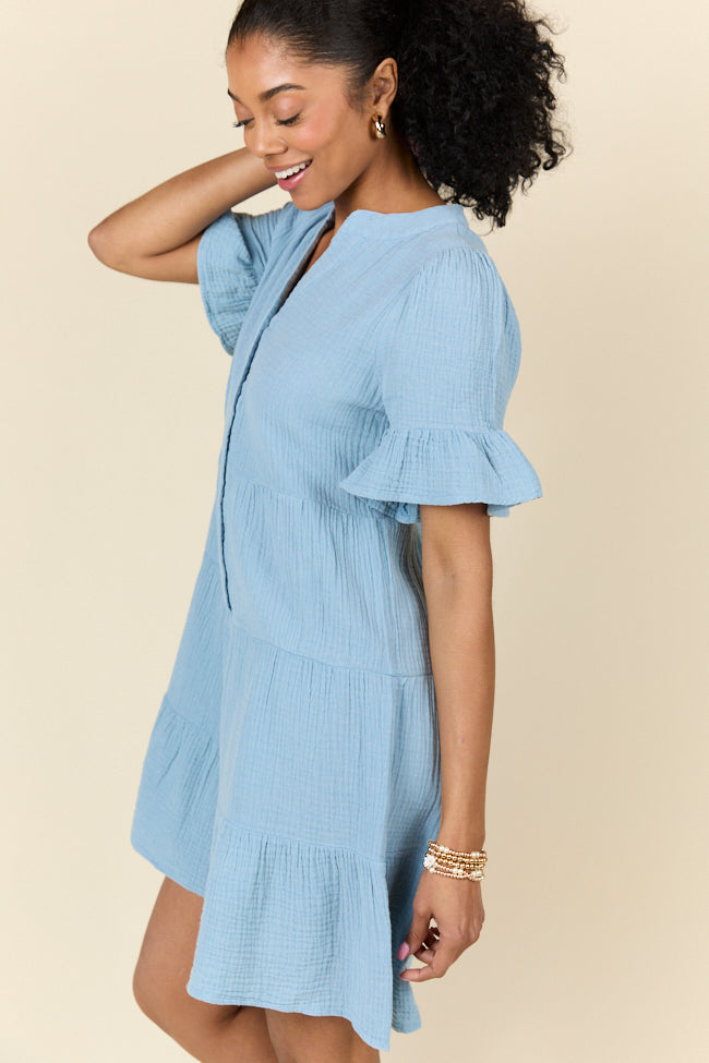 Weekend Wander Blue Gauze Mini Dress FINAL SALE-Sunny Prom