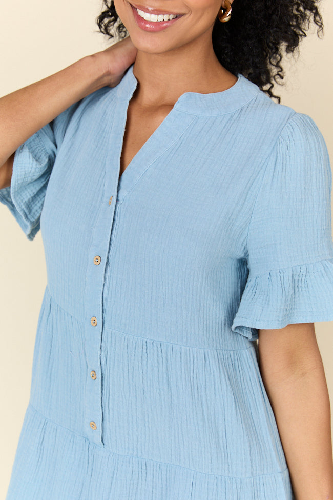 Weekend Wander Blue Gauze Mini Dress FINAL SALE-Sunny Prom