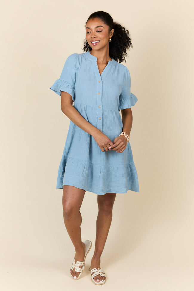 Weekend Wander Blue Gauze Mini Dress FINAL SALE-Sunny Prom