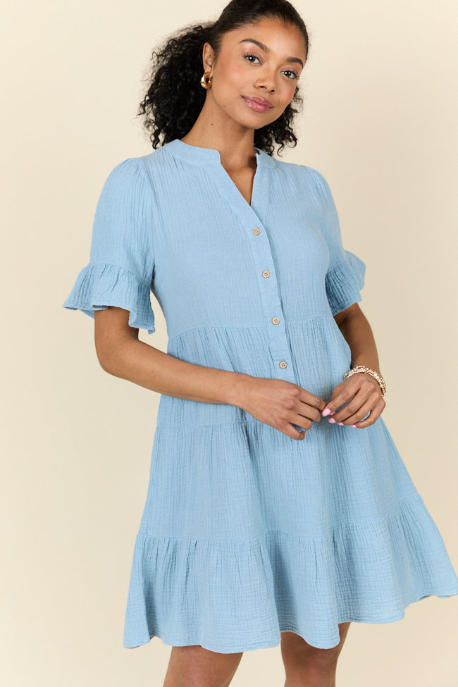 Weekend Wander Blue Gauze Mini Dress FINAL SALE-Sunny Prom