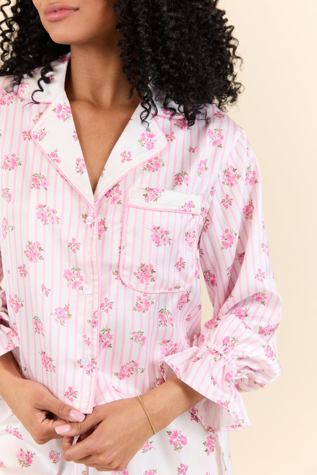 Sleep On My Side Pink Floral Satin Long Sleeve Pajama Top FINAL SALE-Sunny Prom