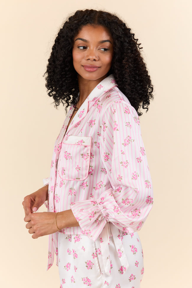 Sleep On My Side Pink Floral Satin Long Sleeve Pajama Top FINAL SALE-Sunny Prom